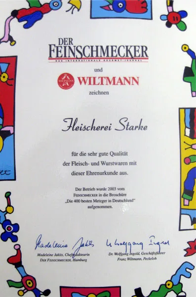 Der Feinschmecker und Wiltmann 2003: Ehrenurkunde, Die 400 besten Metzger in Deutschland