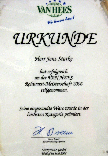 Van Hees Rohwurst-Meisterschaft 2006: Urkunde für Jens Starke, höchste Kategorie