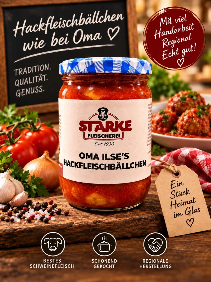 Oma Ilse&rsquo;s Hackfleischbällchen in Tomatensoße im Glas auf einem Holzbrett, daneben Tomaten, Knoblauch und ein Teller mit Hackbällchen