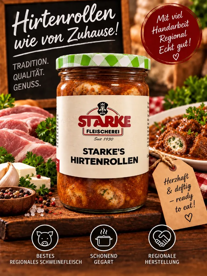 Starke&rsquo;s Hirtenrollen im Glas auf einem Holzbrett, daneben Schweinefleisch, Frischkäse und Knoblauch sowie ein Teller mit Hirtenrollen in Sauce