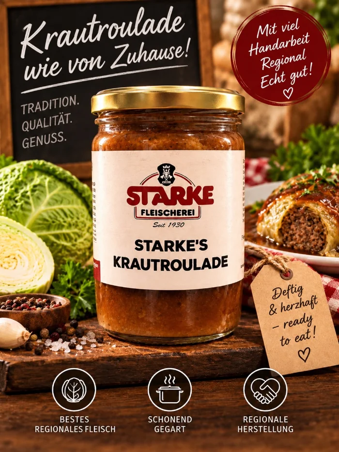 Starke&rsquo;s Krautroulade im Glas auf einem Holzbrett, daneben Wirsing, Knoblauch und Pfeffer sowie ein Teller mit Krautroulade