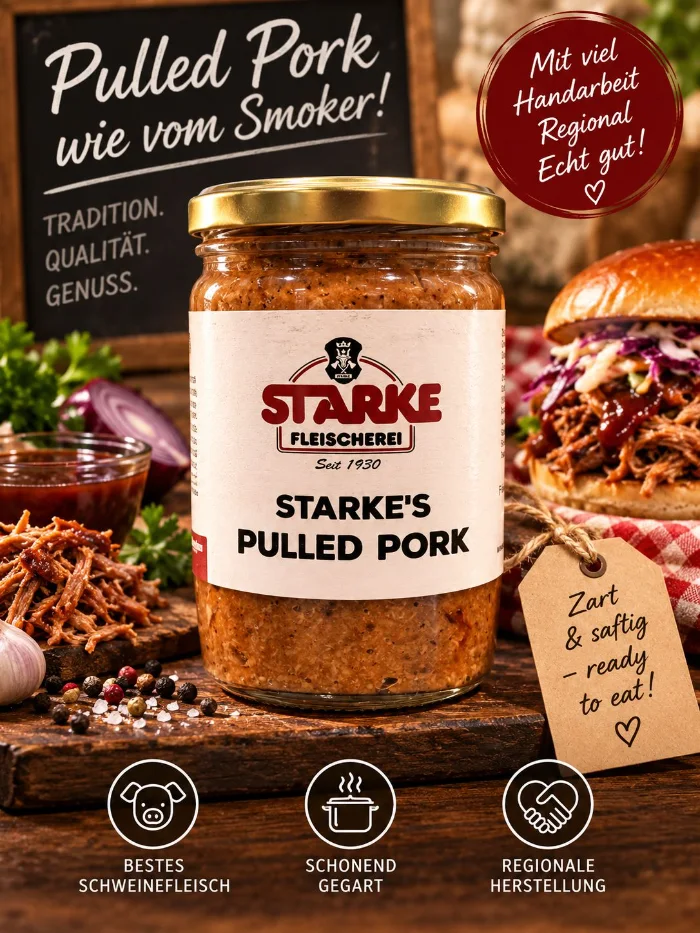 Starke&rsquo;s Pulled Pork im Glas auf einem Holzbrett, daneben BBQ-Sauce, Zwiebeln und ein Burger mit Pulled Pork und Coleslaw