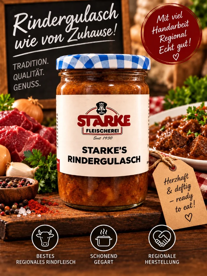 Starke&rsquo;s Rindergulasch im Glas auf einem Holzbrett, daneben Rindfleisch, Zwiebeln, Paprikapulver und ein Teller mit Gulasch