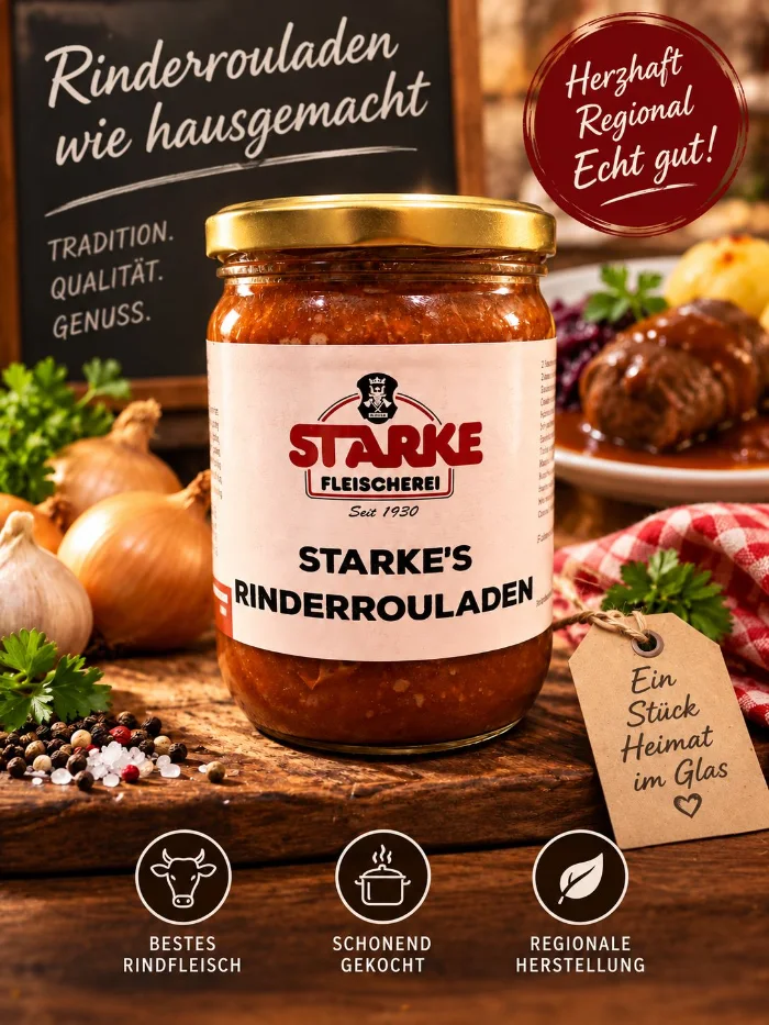 Starke&rsquo;s Rinderrouladen im Glas auf einem Holzbrett, daneben Zwiebeln, Pfeffer und ein Teller mit Roulade, Kloß und Rotkohl