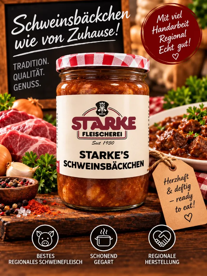Starke&rsquo;s Schweinsbäckchen im Glas auf einem Holzbrett, daneben Schweinefleisch, Zwiebeln und Pfeffer sowie ein Teller mit Schweinsbäckchen in Sauce