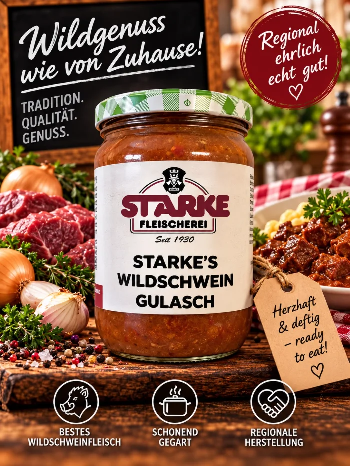 Starke&rsquo;s Wildschwein-Gulasch im Glas auf einem Holztisch, daneben rohes Fleisch, Zwiebeln, Kräuter und Pfeffer sowie ein Teller mit Gulasch